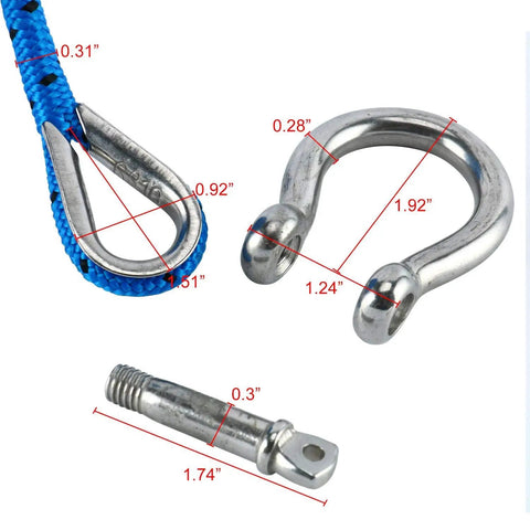 Amarine Made 3/16 Inch By 100 Ft Premium Braided Polypropylene Boat Anchor Rope with stainless steel thimble and shackle shown.