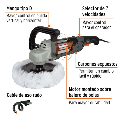 7 Inch 1200W Polisher With Variable Speed, D Handle, Ball Bearing Motor, Pro Grade Waxing And Polishing For Paints Metals Plastics And Fiberglass