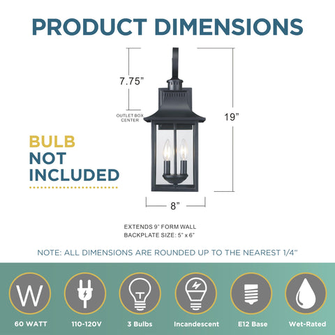 Product dimensions for Chancellor 19 Inch Outdoor Wall Lantern Two Light Vintage Sconce In Mystic Black With Clear Glass Panels