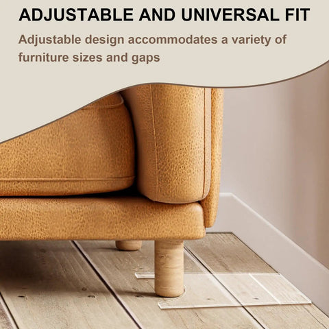 Legit Heavy Duty Clear Acrylic Couch Wall Spacers And Bed Stops For Smooth Sofa Gliding No Fuss Installation Universal Furniture Bumpers under a sofa leg on wooden floor.