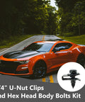 Premium Fifty Piece One Quarter Inch Universal U Nut Clips And Hex Head Bolts For Auto Body Repair on a vibrant orange car.