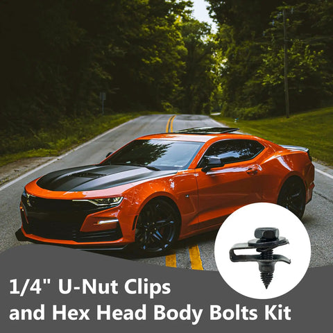 Premium Fifty Piece One Quarter Inch Universal U Nut Clips And Hex Head Bolts For Auto Body Repair on a vibrant orange car.