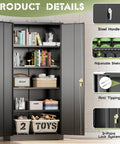 Heavy Duty 72 Inch Metal Storage Cabinet With 4 Adjustable Shelves And 2 Doors For Garage Workshop Office Or Home Black Durable Steel Tool Organizer And More with open doors displaying shelves filled with items, including books, baskets, and toys, highlighting steel handle and lock system details.