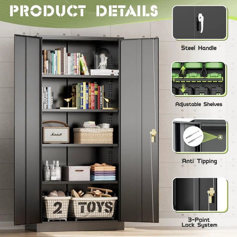 Heavy Duty 72 Inch Metal Storage Cabinet With 4 Adjustable Shelves And 2 Doors For Garage Workshop Office Or Home Black Durable Steel Tool Organizer And More with open doors displaying shelves filled with items, including books, baskets, and toys, highlighting steel handle and lock system details.