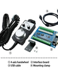 Five Axis USB Motion Controller Card STB5100 with Four Axis Remote MPG Pendant Handwheel, interface board, USB cable, and mounting clamp