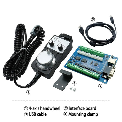 Five Axis USB Motion Controller Card STB5100 with Four Axis Remote MPG Pendant Handwheel, interface board, USB cable, and mounting clamp