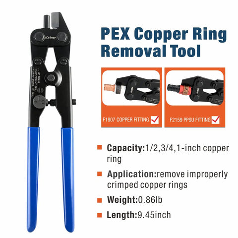 Copper Ring Crimping Tool Kit For F1807 Standards With Interchangeable Jaws For Three Eighths, One Half, Three Quarters, And One Inch Includes Ring Removal Tool
