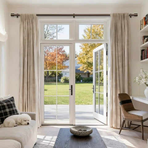 Living room patio with Beefy Bronze Curtain Rod 1 Inch Adjustable Drapery Rod From 32 To 86 Inches For Living Room Bedroom Indoor Outdoor Use With Rust Resistant Finish And Smooth Glide, framing beige curtains and garden view.
