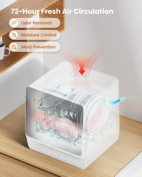 Compact Countertop Dishwasher With Built In Water Softener And Smart Eco Mode For Zero Hassle Cleaning And Spotless Dishes That Really Is A No Brainer For Small Kitchens And Apartment Living showing fresh air circulation feature.