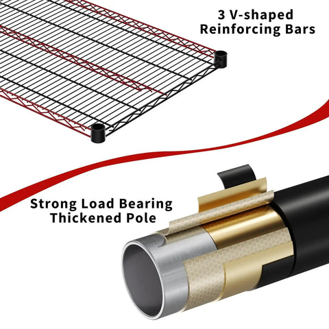 Badass Heavy Duty Adjustable Metal Wire Shelving Unit with Reinforced Carbon Steel Grid and V Brace Support for Garage or Pantry showing V-shaped bars and load bearing pole.