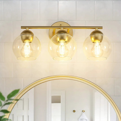 3-Light Gold Bathroom Vanity Light Fixture Over Mirror With Globe Clear Glass Shades, Dope Gold Finish Bath Lighting For Over Sink, Elevates Your Home Decor, Durable Metal Construction