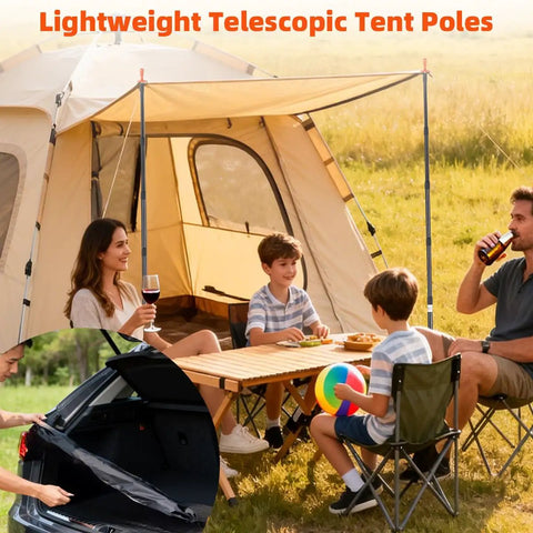 Family camping with Heavy Duty Telescoping Tarp Poles Set Of Four Four Section Adjustable From 3.1 Ft To 9.2 Ft Aviation Aluminum.
