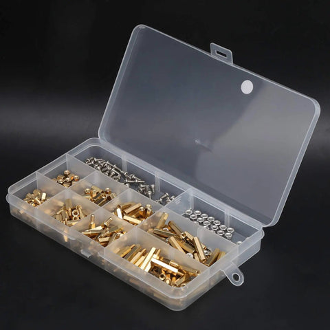 Hex Standoff Spacer Kit With 300 Pieces In Brass And Plated Iron, Multipurpose Mounting Pillars For Motherboard And Electronics DIY Projects, Workhorse Durability And Easy Install Fastener System in organizer box
