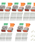 Beefy Grey 12 Pin Waterproof Wire Connector Kit, 5 sets with 60 stamped terminals and seal plugs, displayed with components.