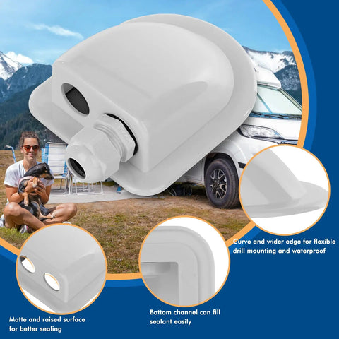 White dual cable entry housing for 2 Pack IP68 Waterproof Solar Cable Entry Glands, shown with RV and outdoor setting.