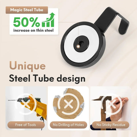 Heavy Duty Magnetic Hooks 170 Lb Hold Wreath Hanger No Drill Door Hook With Steel Tube Base Black 2 Pack Perfect For Metal Doors Walls Fridges Offices And Holiday Decor showcasing hook design and features