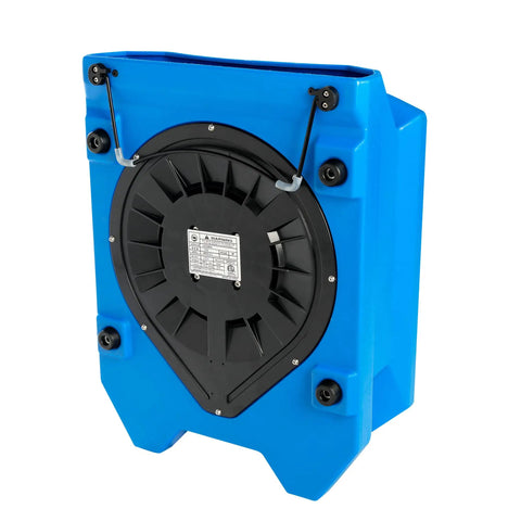Back view of Low Profile Air Mover 0.25 HP, 1200 CFM, 2 Speed Carpet Dryer Floor Fan, blue design with stackable feature