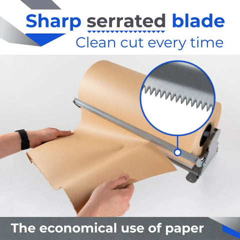 Shop Favorite 48 Inch Kraft Paper Dispenser With Smooth Cut Blade Reinforced Steel Countertop Holder For Butcher Paper And Wrap Rolls Kitchen Workhorse Top Tier Gear Set Pack Of Four with serrated blade cutting through paper.