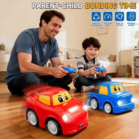 Father and son playing with Twin Remote Control Cars For Toddlers 2 Pack Blue Truck And Red Race Car 2.4 GHz indoors