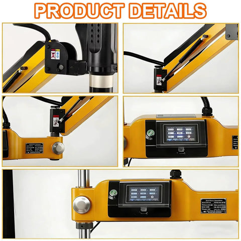 Heavy Duty Electric Tapping Machine With 600RPM Speed And 1000MM Flexible Arm For Kickass Steel Threading No Sweat Adjustments With Smart Touch Screen and control panel details.