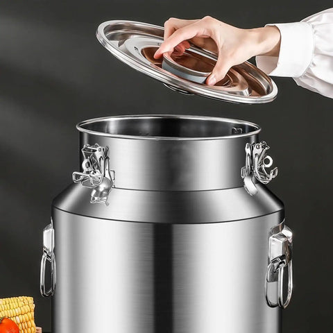 Heavy Duty 304 Stainless Steel Storage Totes With Lock Tight Lids Big Volume multipurpose food canister being opened.
