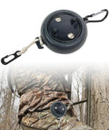 Retractable Bow Hoist For Tree Stand, 33Ft Heavy Duty Bow Pull Up Rope shown attached to tree stand, ideal for deer hunting.