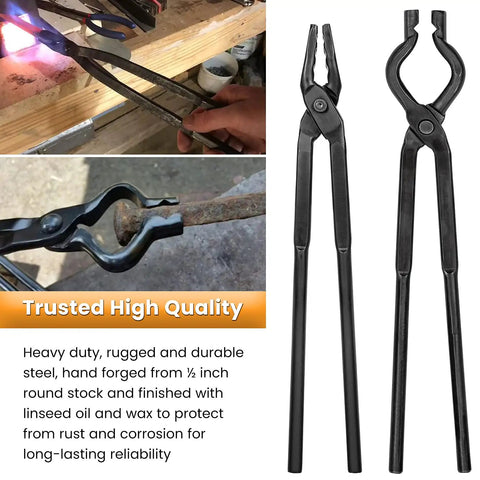 Beefy Pro Grade Knife Making Tongs And Hammer Set Wolf Jaw V Bit Tongs for metalworking demonstration and close-up
