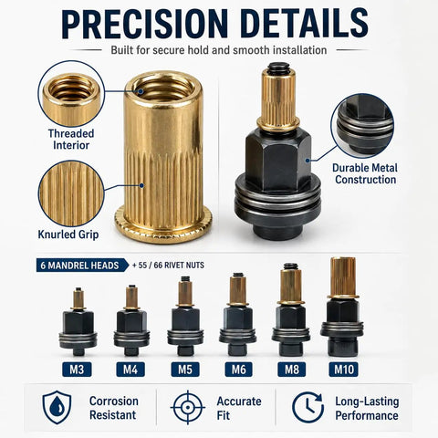 Pro Grade Rivet Nut Tool Kit With Mandrel Head Set M3 To M10, Carbon Steel Build, Heavy Duty Rivet Nut Hardware, Universal Dual Compatibility, Premium Bearing Washer Design For Smooth, Stripping Resistant Fastening. M3-M10 mandrel heads and threaded inserts