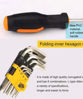 Close-up of screwdrivers with non-slip PVC handles and hex key set from 19 In 1 Precision Hardware Kit For DIY Home Projects With Screwdrivers Wrenches Hammer Pliers And More Non Slip PVC Handles High Carbon Steel Tools For Auto Repair Woodworking And Everyday Maintenance.