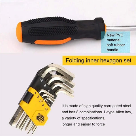 Close-up of screwdrivers with non-slip PVC handles and hex key set from 19 In 1 Precision Hardware Kit For DIY Home Projects With Screwdrivers Wrenches Hammer Pliers And More Non Slip PVC Handles High Carbon Steel Tools For Auto Repair Woodworking And Everyday Maintenance.