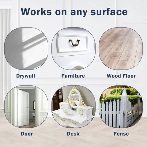 Easy Touch Up Paint Pens Refillable Wall Repair Kit displayed on various surfaces like drywall, furniture, wood floor, door, desk, and fence.