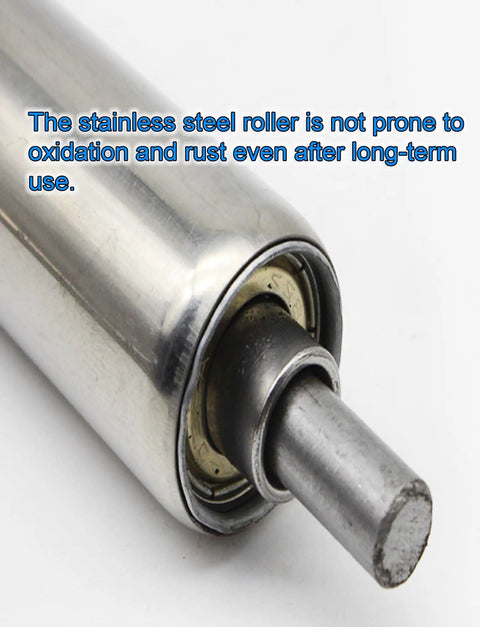 Close-up of heavy duty built to last stainless steel conveyor roller 1 inch diameter 550mm long unpowered replacement slide roller