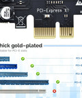 PCIe expansion card with gold-plated connectors, suitable for PCI-E x1, x4, x8 slots; diagram showing compatibility with slots.