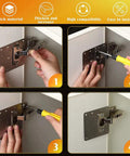 Stainless Steel Cabinet Hinges Repair Plate Kit installation on kitchen cupboard doors with bracket and fixing screws, set of 2.