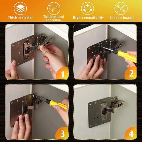Stainless Steel Cabinet Hinges Repair Plate Kit installation on kitchen cupboard doors with bracket and fixing screws, set of 2.