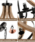 Solid Wood Modern Farmhouse 5 Light Chandelier For Dining Room And Kitchen Island Adjustable Height Brown Finish Rustic Chic Pendant Lighting showcasing E12 candle sockets and adjustable chain