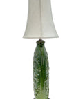 Green Glaze Floral Embossed Ceramic Table Lamp With Dark Wood Base, Traditional 33.5 Inch Height, Oval Bell Off White Linen Shade