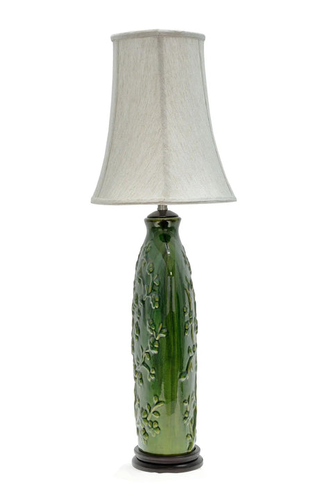 Green Glaze Floral Embossed Ceramic Table Lamp With Dark Wood Base, Traditional 33.5 Inch Height, Oval Bell Off White Linen Shade