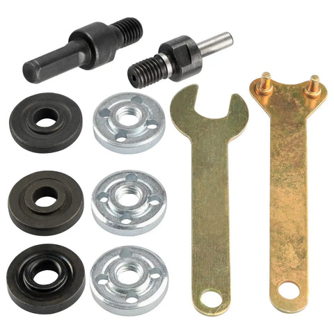 Drill To Angle Grinder Adapter Set With 6mm And 10mm Arbors, Mandrel Adapter, Three Replacement Flange Nuts And Spanner Wrench visible