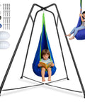 All In One Sensory Swing With Stand And Pod Swing For Indoor And Outdoor Use, Metal Frame Swing Set In Blue, child sitting in pod