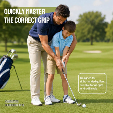 Instructor teaching child with Golf Grip Trainer Right Hand With Ergonomic Design To Correct Grip Posture, Improve Accuracy And Control