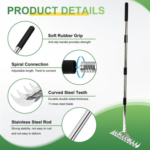 62 Inch Thatch Rake With Adjustable Long Handle, 15 Inch Wide Lawn Thatching Rake with 11 curved steel tines and soft grip