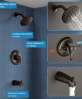 Top Shelf Heavy Duty Brass Shower Tub Faucet Set With Smooth Diverter Handle, Five Spray Setting High Pressure Rain Showerhead and Vintage Oil Rubbed Bronze Tub Spout Bathroom Fixture Upgrade dimensions.