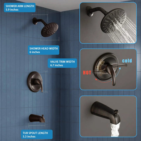Top Shelf Heavy Duty Brass Shower Tub Faucet Set With Smooth Diverter Handle, Five Spray Setting High Pressure Rain Showerhead and Vintage Oil Rubbed Bronze Tub Spout Bathroom Fixture Upgrade dimensions.