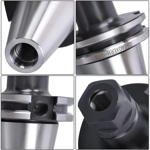 Close-up views of Ten Piece Collet Chuck Tool Holder Kit for CNC Milling and Drilling Machines ER16 Collets CAT40 Shank 2.76 Inch Capacity.