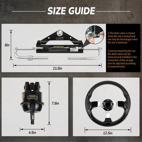 Diagram showing size guide of 100HP Hydraulic Outboard Steering Kit For Single Engine Boats Marine Hydraulic System parts