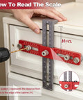 Upgrade Your Kitchen Cabinets In No Time With This Slick Adjustable Hardware Jig Template Designed For Drawer Pulls And Cabinet Handles Featuring Easy Peasy Hole Positioning And No Sweat Drilling Alignment Guaranteed, showing scale reading on cabinet.