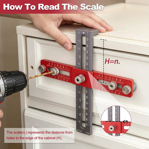 Upgrade Your Kitchen Cabinets In No Time With This Slick Adjustable Hardware Jig Template Designed For Drawer Pulls And Cabinet Handles Featuring Easy Peasy Hole Positioning And No Sweat Drilling Alignment Guaranteed, showing scale reading on cabinet.