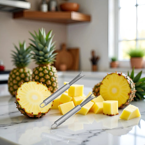 Two Pack Stainless Steel Pineapple Eye Peeler And Remover Tool, V Shape Eye Cutter displayed on kitchen counter with pineapples