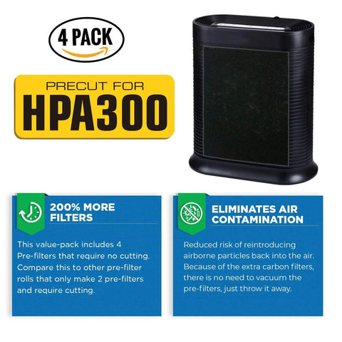 Precut Carbon Activated Pre Filters For HPA300 4 Pack Premium Dust Reduction showcase with HW Air Purifier.